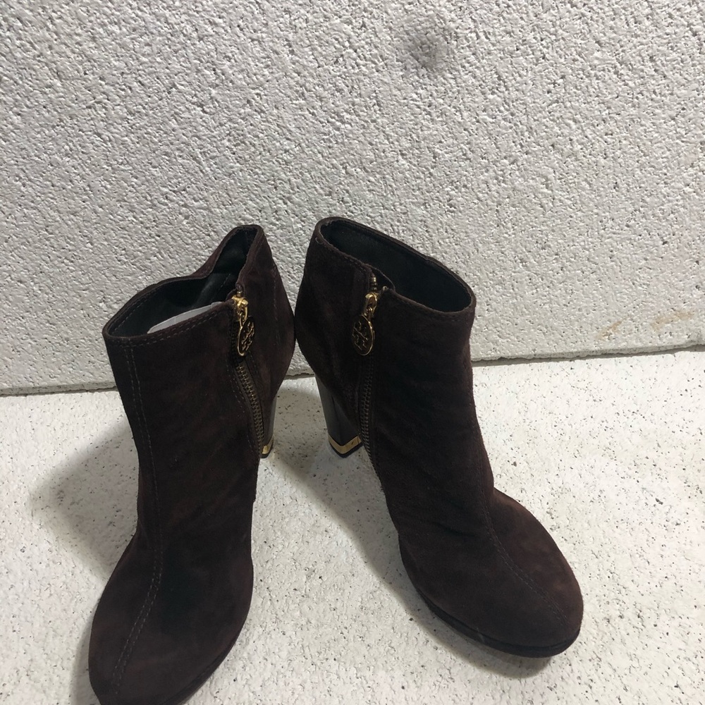 Tory Burch side-zip chocolate brown suede ankle boot